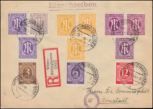 3+6+12 Pf. amerik.+ engl. + dt. Ausgabe MiF R-Brief WITTEN-RÜDINGHAUSEN 29.4.46