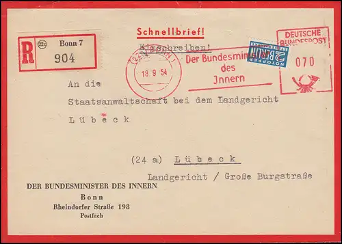 AFS Bundesministerium des Innern Einschreibe-Schnellbrief BONN 18.9.54 n. Lübeck