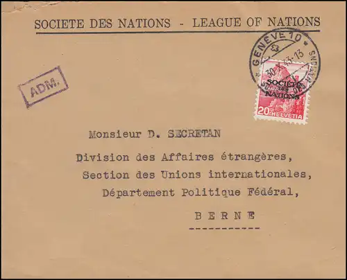 Völkerbund (SDN) 69 Landschaft als EF auf Brief GENF 30.10.1943 nach Bern, ADM-O
