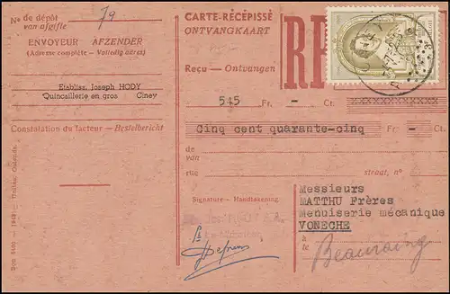 Belgien Zahlkarte CINEY 4.7.1952 mit 933 Weltpostkongress