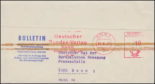 AFS Deutscher Bundesverlag Streifbandzeitung KÖLN 30.8.1971 vers Bonn
