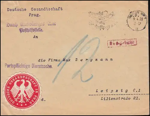 Affaire de service à payer à Prague Lettre BERLIN 9.4.32 à Leipzig