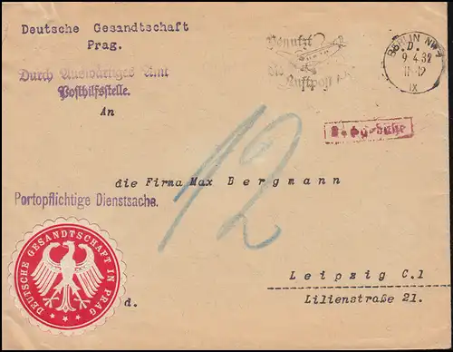 Portopflichtige Dienstsache Gesandtschaft Prag Brief BERLIN 9.4.32 nach Leipzig