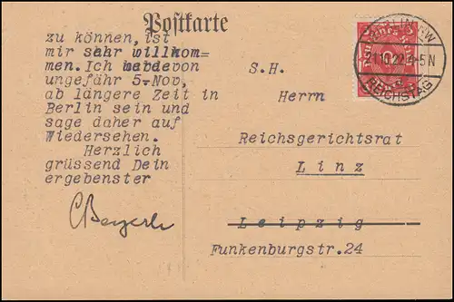 225 Posthorn Postkarte eines Zentrumsabgeordneten BERLIN-REICHSTAG 21.10.1922