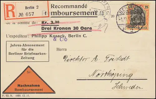88I Germania 25 Pf. als EF auf NN-Postkarte BERLIN 1.12.1913 nach Schweden