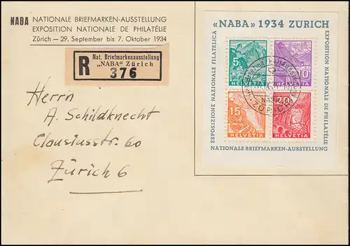 Schweiz Block 1 NABA 1934 Schmuck-R-Brief Sonder-R-Zettel SSt Zürich 30.9.1934