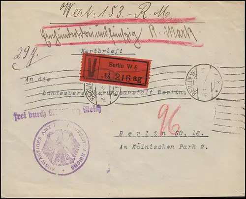 Libre par remplacement Reich Ministère des Affaires étrangères Brief de valeur BERLIN 28.1.1929 Lettre de lieu