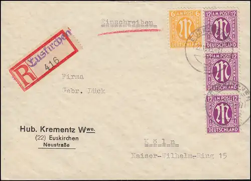 7+20 AM-Post auf R-Brief mit Not-R-Zettel EUSKIRCHEN 22.10.1945 nach Köln 24.10.
