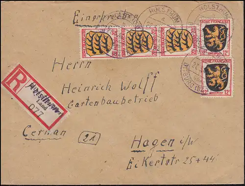 6+8 Freimarken Wappen 12+20 Pf MiF auf R-Brief Not-R-Zettel HÜLSTHUM 27.5.1946