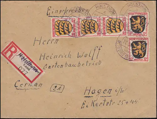 6+8 Marques libres Armoiries 12+20 Pf MiF sur lettre R de secours-R-Zettel HÜLSTHUM 27.5.1946