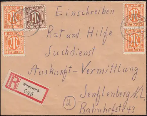 5+6 AM-Post 8 et 10 Pf. sur lettre R MITTERTEICH 6.2.1946 Demande de service de recherche