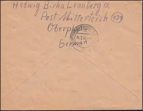 5+6 AM-Post 8 et 10 Pf. sur lettre R MITTERTEICH 6.2.1946 Demande de service de recherche