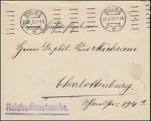 Reichsdienstsache Auswärtiges Amt Brief BERLIN 20.6.1913 nach Charlottenburg