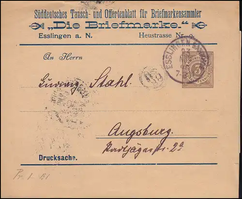 Württemberg PS 2 Streifband-Drucksache Die Briefmarke ESSLINGEN-BAHNHOF 23.11.96