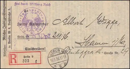 Frei laut Ablösung Reichsjustizprüfungsamt R-Brief BERLIN 13.2.1936 nach Hamm