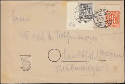 11 AM-Post Ecke oben rechts und 5 Ecke unten rechts auf Brief OKER 2.3.1946 