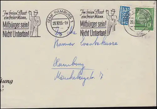 Werbestempel Mitbürger sein! Nicht Untertan! HAMBURG  29.10.1955 auf Briefstück