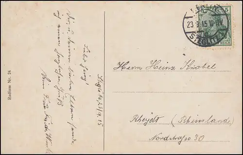AK Berlin Reichstagsbähmen BERLIN-STEGLITZ 23.9.1915 vers Rheydt / Rhénanie