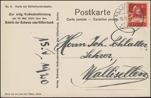 Schweiz-AK Karte der Völkerbundstaaten Volksabstimmung, WALLISELLEN 15.5.1920