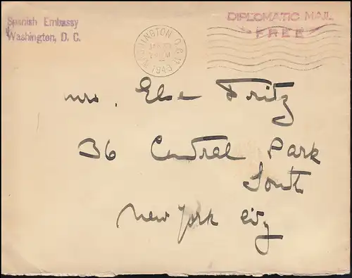 Diplomatenbrief Spanische Botschaft in WASHINGTON D.C. 30.1.1943 nach New York 