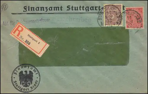 30+33 Service Fiscalité Abbé. Reichsbildung R-Lettre STUTTGART 11.11.1922
