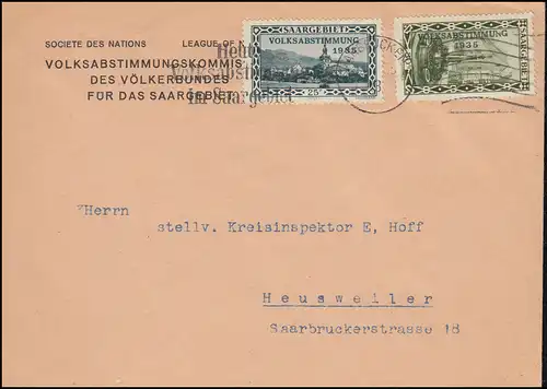 182+183 Aufdruckmarken Brief Volksabstimmungskommission SAARBRÜCKEN 13.1.1935