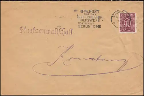60 Dienst Spendet für das Oberschlesische Hilfswerk Brief MANNHEIM 24.9.1921