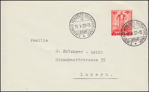 295 Pro Patria EF auf Brief SSt BERN Kongress Therapeutische Union 19.5.1937