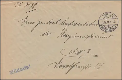 Feldpost Militaria Kön. Preuss. Militäkommandantur BERLIN-SCHÖNEBERG 1.12.1914