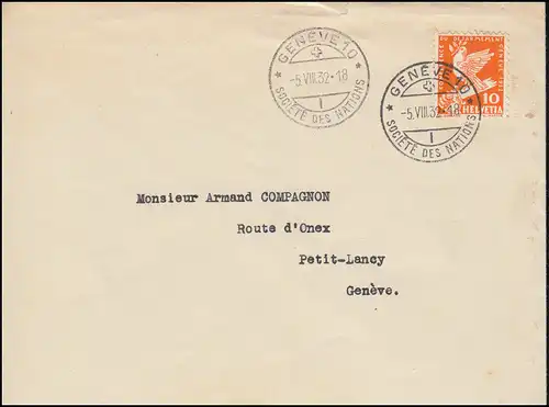 Schweiz 251 Abrüstungskonferenz EF auf Orts-Brief SSt GENF Völkerbund 5.8.1932