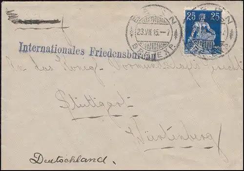 Suisse 103x Helvetia EF, siège sur lettre BERN 23.7.1915 n. Stuttgart