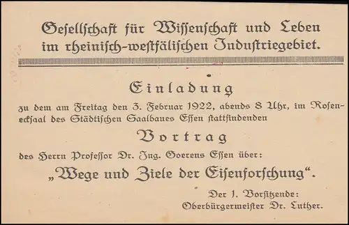 AFS ESSEN 21.1.1922 auf Drucksache Einladung zum Vortrag Eisenforschung