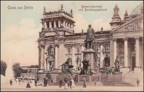 Ansichtskarte Gruss aus Berlin Bismarckdenkmal und Reichstagsgebäude, 15.7.1908