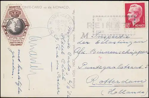 Monaco: Briefmarkenausstellung REINATEX Monte-Carlo 1952 Werbe-O passende AK 