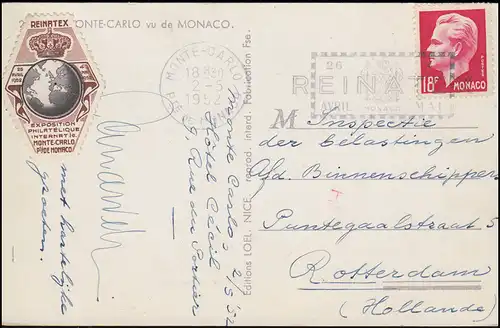 Monaco: exposition de timbres REINATEX Monte-Carlo 1952 Publicité-O correspondant AK