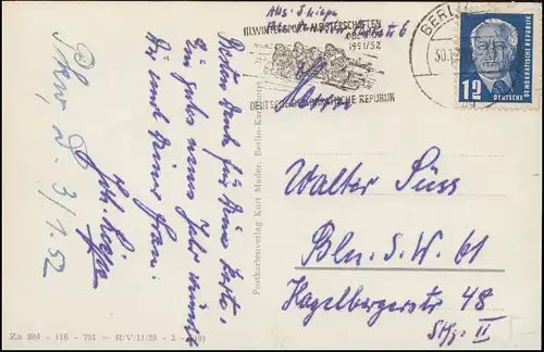 Wintersport-Meisterschaften, Werbe-O auf AK Botschft der UdSSR BERLIN 30.12.51
