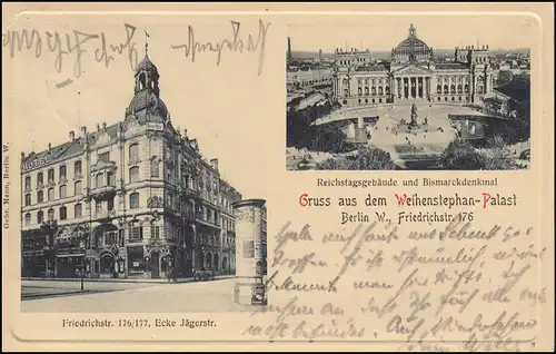 AK Gruss aus dem Weihenstephan-Palast Berlin W, BERLIN W 9 - 3.8.1908