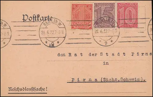 Reichsdienstsache 24+25+30 Dienstmarken auf Postkarte BERLIN 28.6.1922