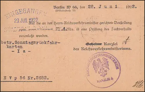Affaire du Reich 24+25+30 timbres de service sur carte postale BERLIN 28.6.1922