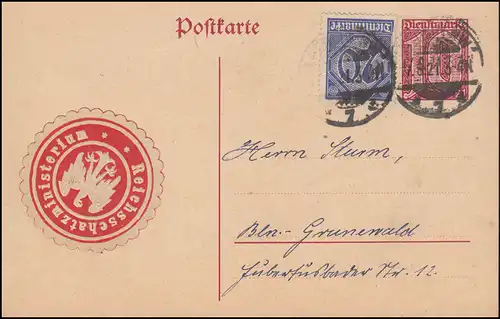 Dienstganzsache DP 4 mit D 26 Dienstmarke Reichsschatzministerium BERLIN 17.8.21