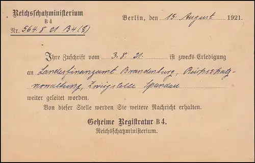 Affaire de service DP 4 avec D 26 Marque de travail Ministère du Trésor BERLIN 17.8.21