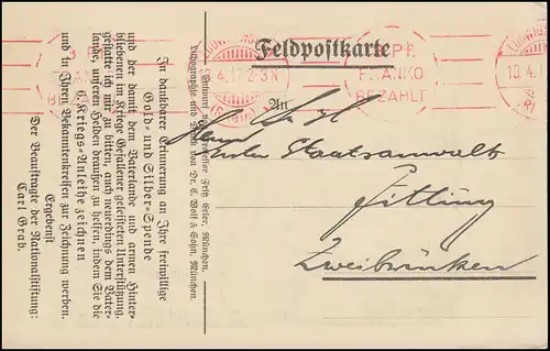 Freistempel FRIEDRICHSHAFEN 3 Pf. FRANCO BEZAHLT - 13.4.1915 auf Propaganda-AK 