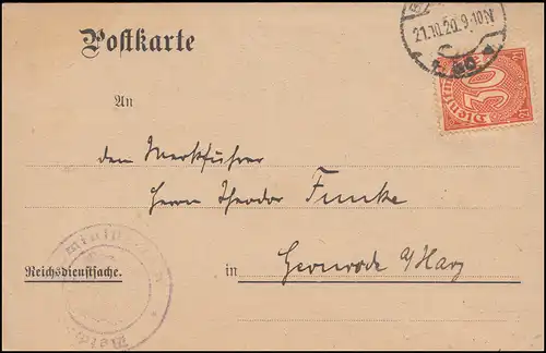 20 Dienst EF Postkarte Reichsarbeitsministerium BERLIN 21.10.20 n. Gernrode/Harz
