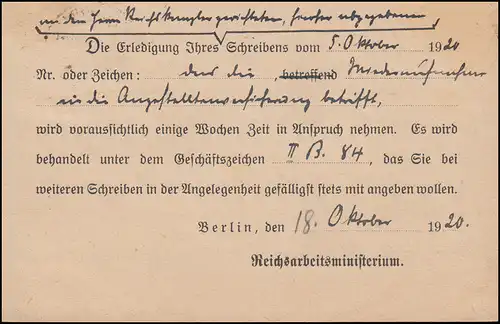 20 Dienst EF Postkarte Reichsarbeitsministerium BERLIN 21.10.20 n. Gernrode/Harz