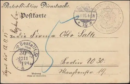 Affaire de service du Reichs Marine en carte postale locale BERLIN 11.11.1905