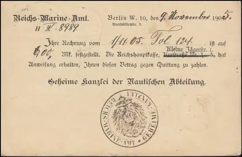 Affaire de service du Reichs Marine en carte postale locale BERLIN 11.11.1905