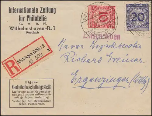 340+341 Korbdeckel-MiF auf Auslands-R-Brief WILHELMSHAVEN-RÜSTINGEN 29.2.1924
