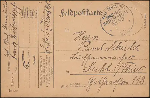 FRANÇAIS MARINE-SPOST No 59 - 7.9.15 SMS Kaiser, carte postale vers Suhl/Thür.