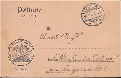 Heeressache Königl. Preuss. Kriegsministerium Postkarte BERLIN NW 7s 18.1.1915