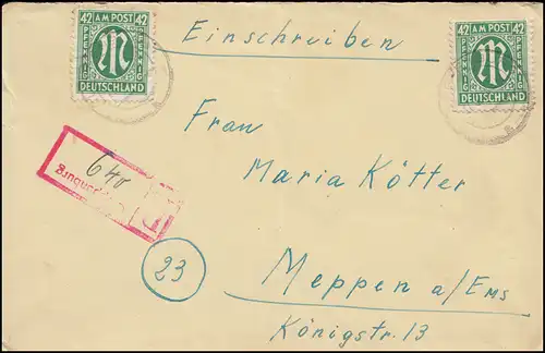 31 AM-Post 42 Pf MeF R-Brief Not-R-Stempel CLOPPENBURG 27.3.46 nach MEPPEN 29.3.